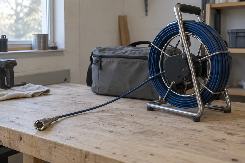 Sewer inspection camera and push-rod reel ready for a pipe assessment